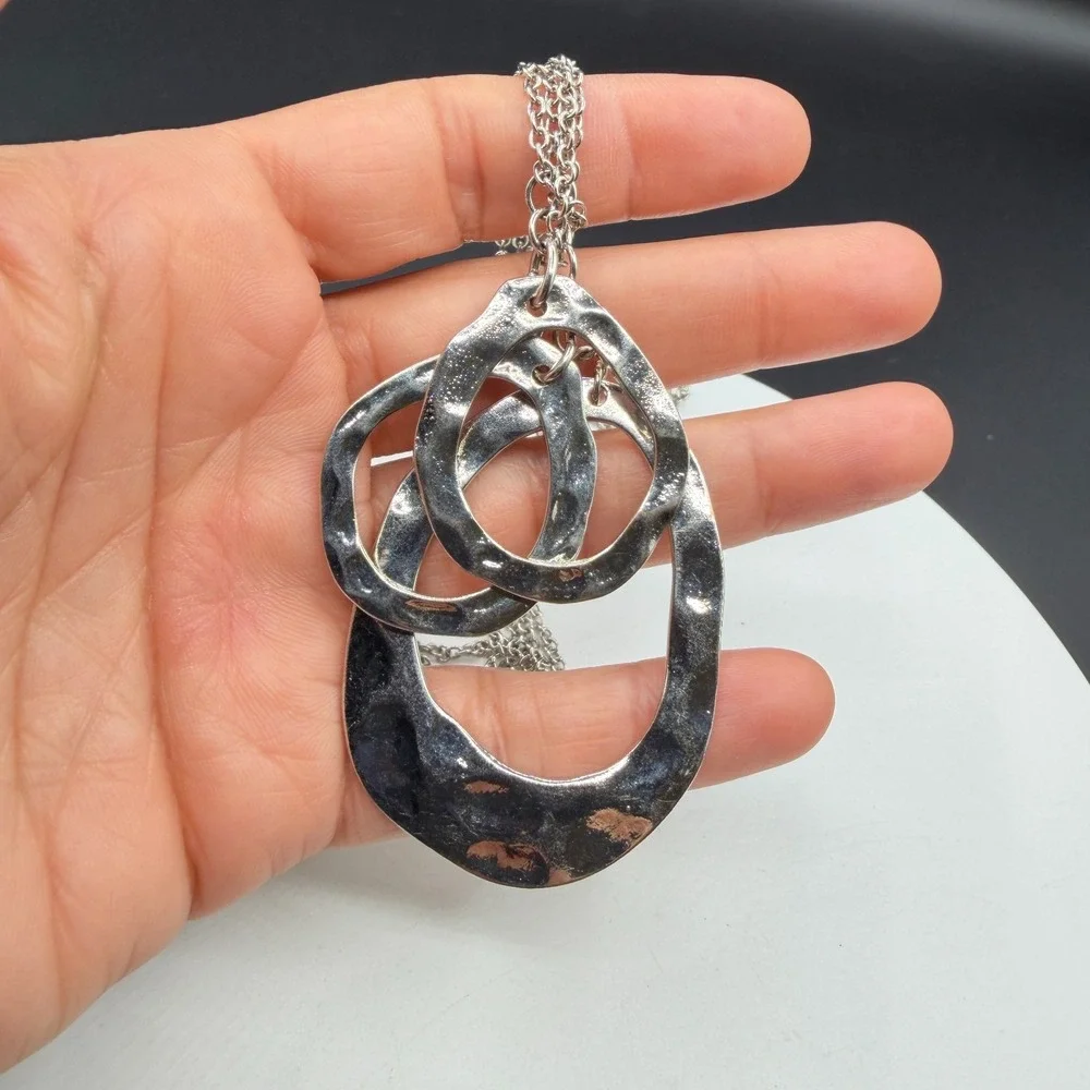 Silver Tone Hammered Triple Oval Pendant Necklace Multi Strand Boho Statement